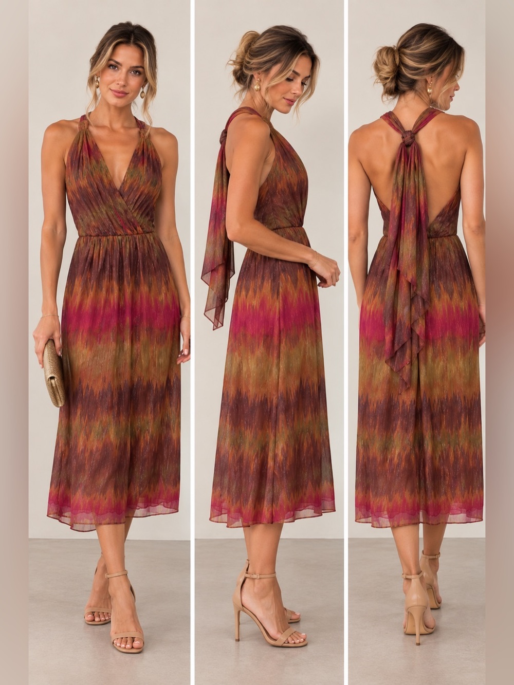 Sienna Size 6 NWT Fall Midi Dress Multicolor Halter Wrap Boho Autumn Dress